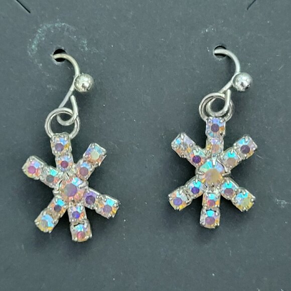 Ab Rhinestone Snowflake Earrings, Silver Plated and Crystals Dangle - Picture 2 of 5